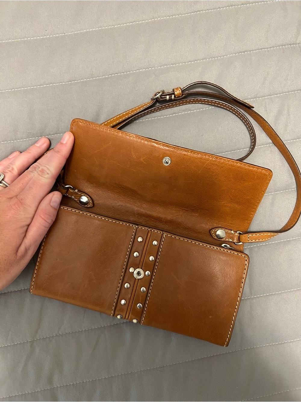 Michael Kors Stud-Accent Tan Leather Crossbody Wallet - Picture 2 of 5